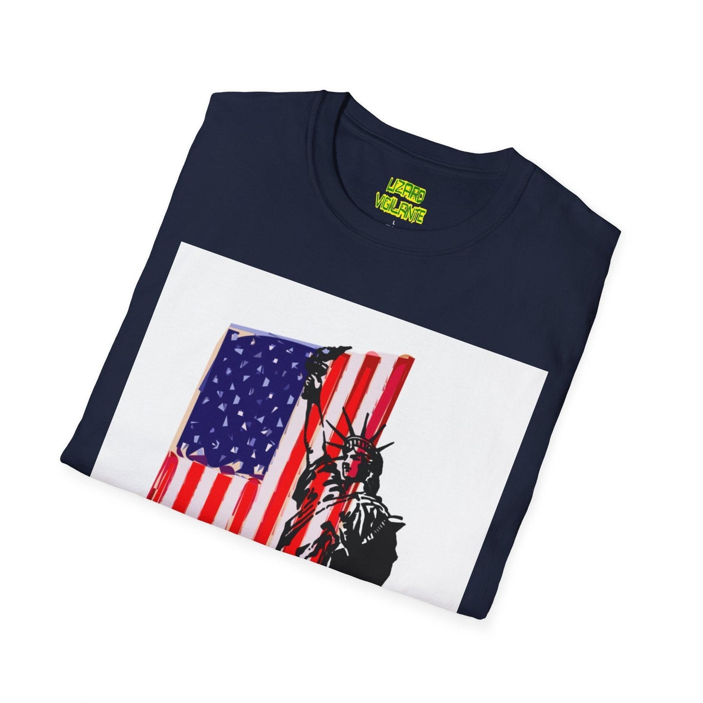 American Flag With Statue of Liberty Graphic Unisex Softstyle T-Shirt - Lizard Vigilante