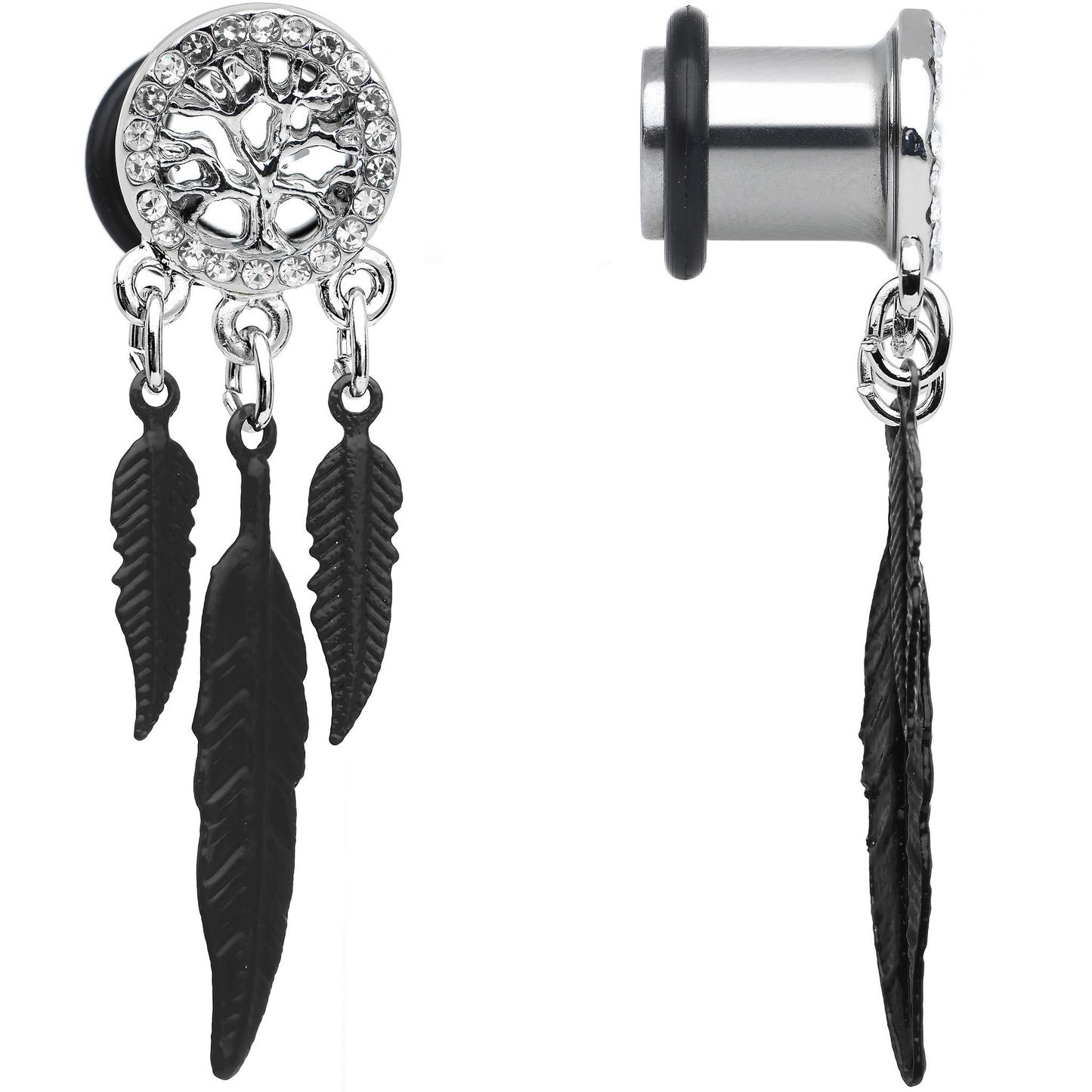 0G Clear Gem Steel Single Flare Tree of Life Dangle Plug Set