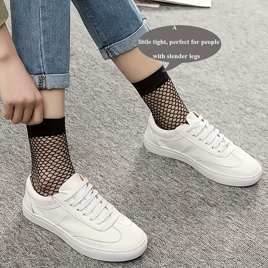 3 Pairs Women's Plus Sexy Socks, Plus Size Elastic Hollow Out Fishnet Breathable Short Socks