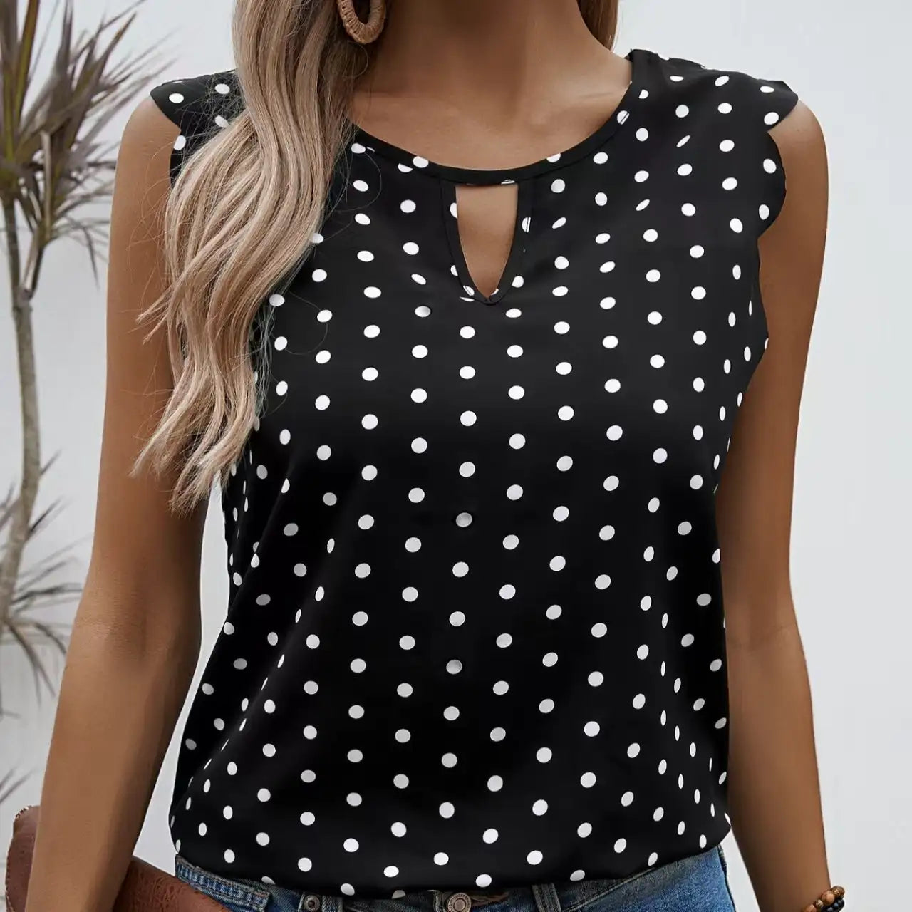 Ladies' Round Neck Wavy Sleeves Detail Off Shoulder Polka Dot Shirt