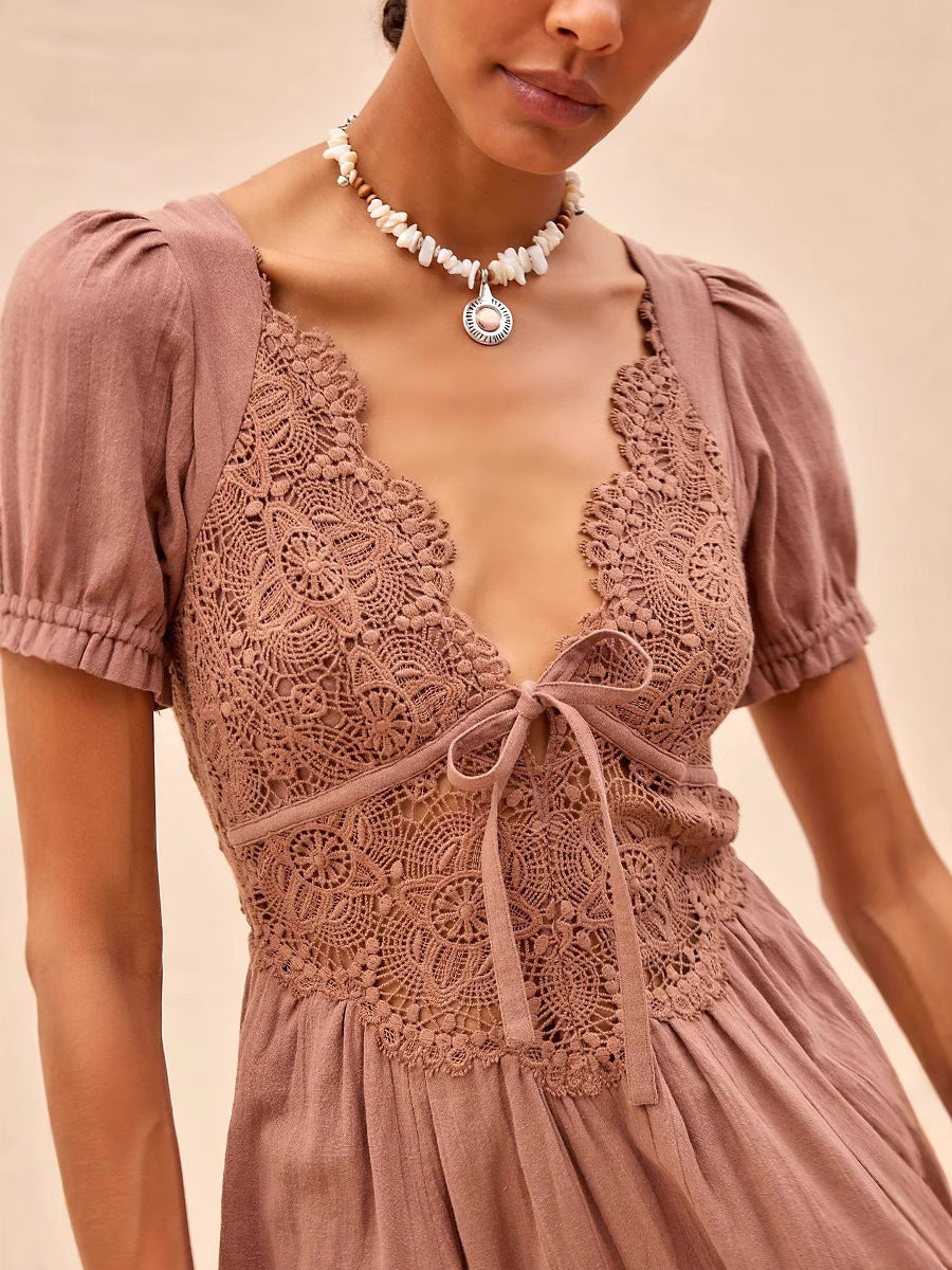 V-neck Lace Short Sleeved Pure Cotton Dress