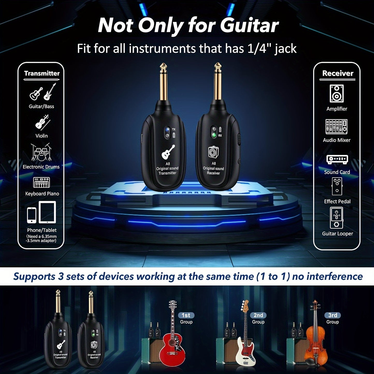 A8 Wireless Guitar Transceiver UHF Audio Wireless Transmitter Receiver Wireless Pickup For Acoustic Guitar Bass Violin Keyboard Electronic Instruments - Premium  from Lizard Vigilante - Just $16.99! Shop now at Lizard Vigilante