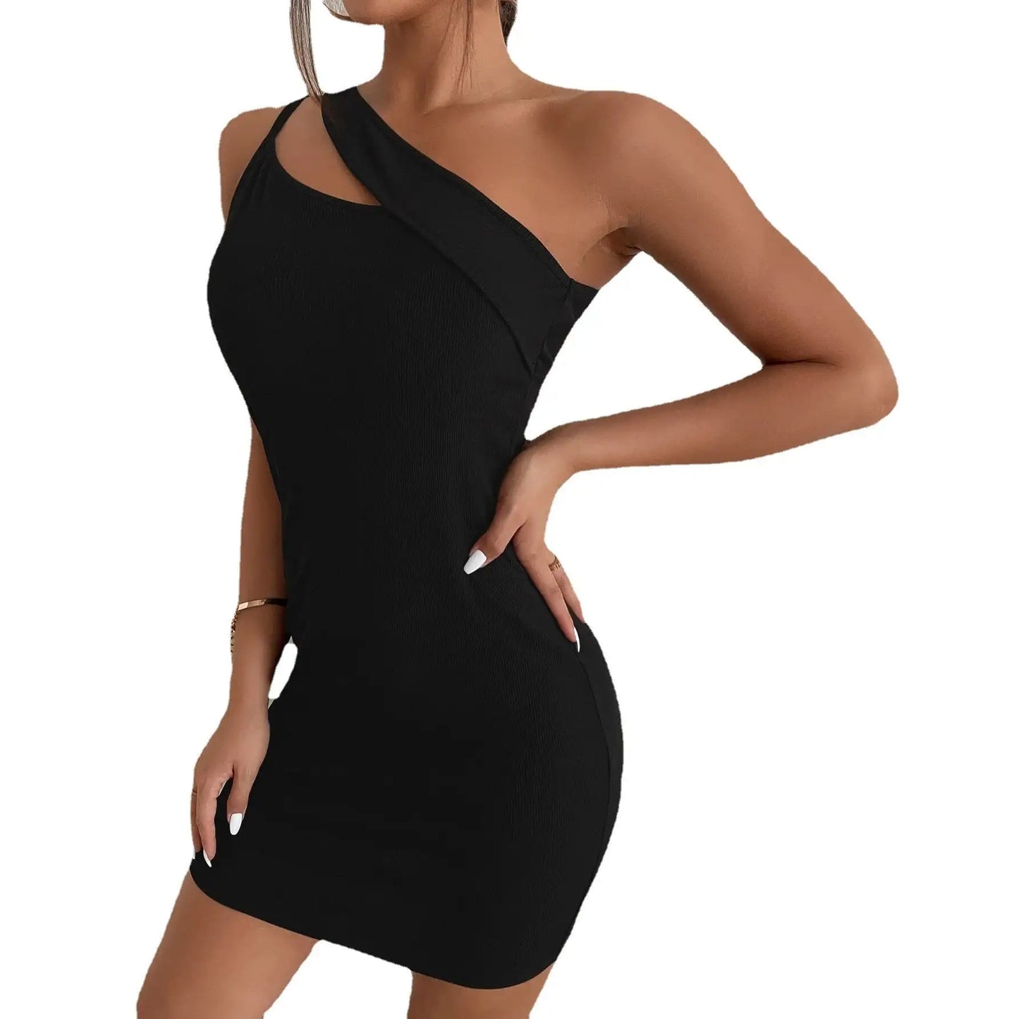 Black Hollow Split Slanted Shoulder Dress