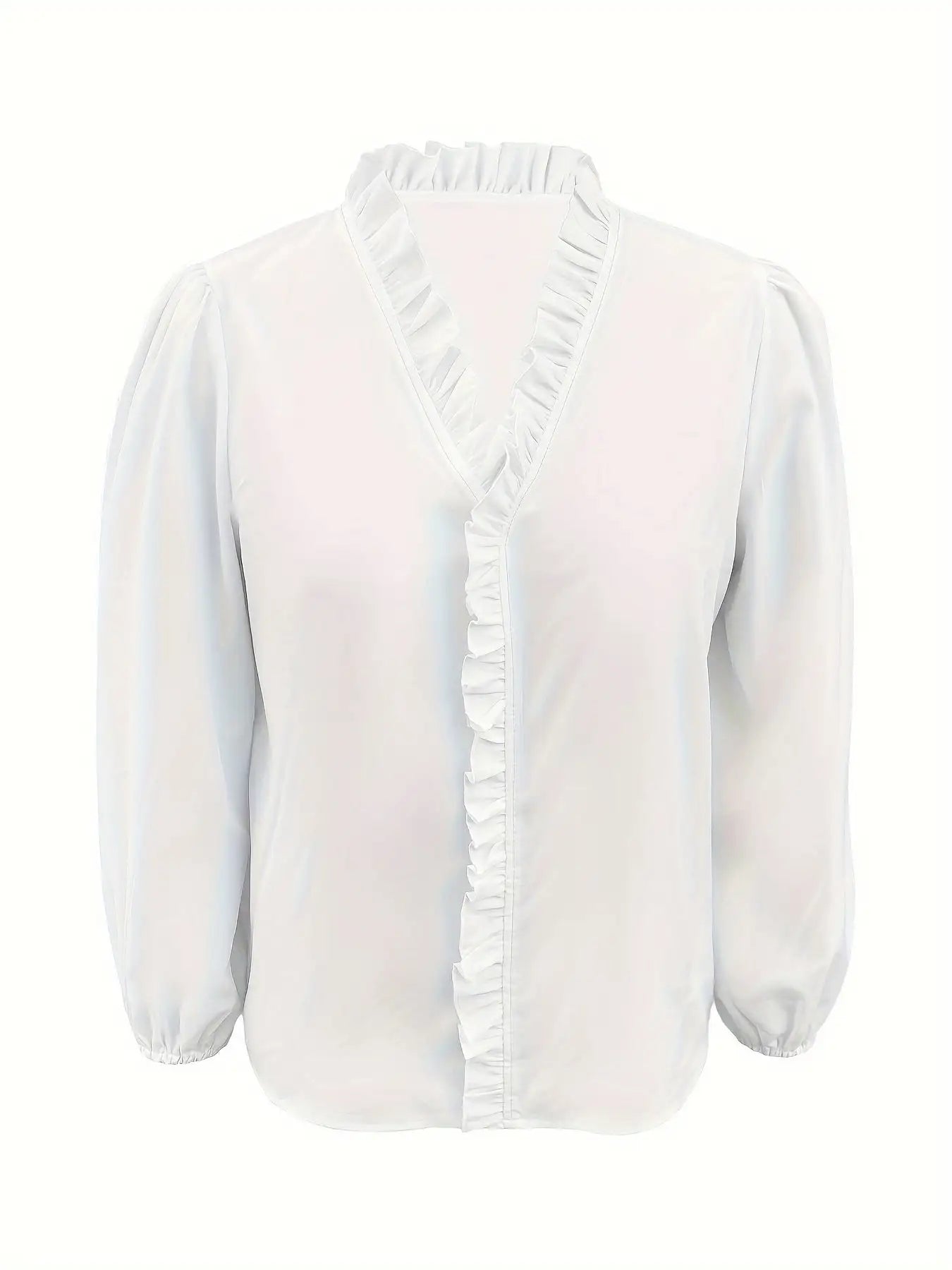 Pure Color Ruffle Hemline Shirt, Casual V-neck Long Sleeve Shirt.