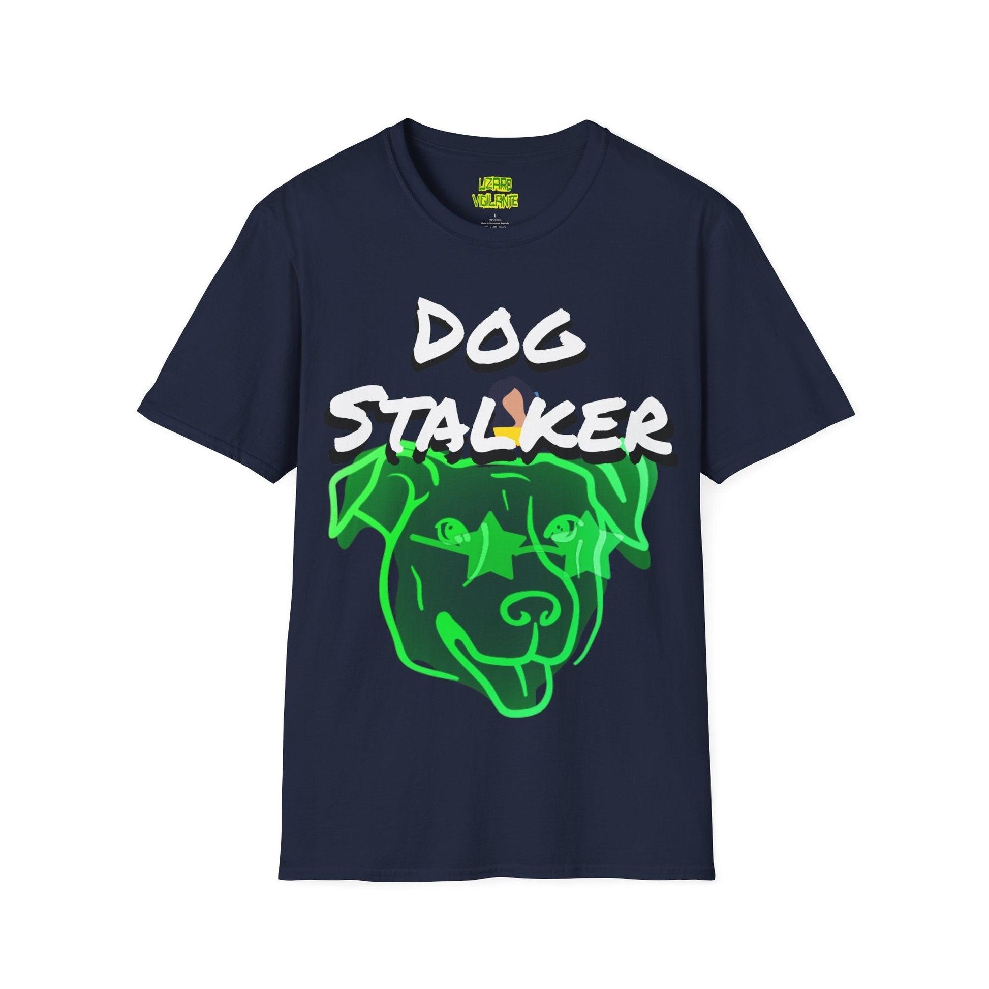 Dog Stalker Woman Photobombing Behind Dog Unisex Softstyle T-Shirt - Lizard Vigilante