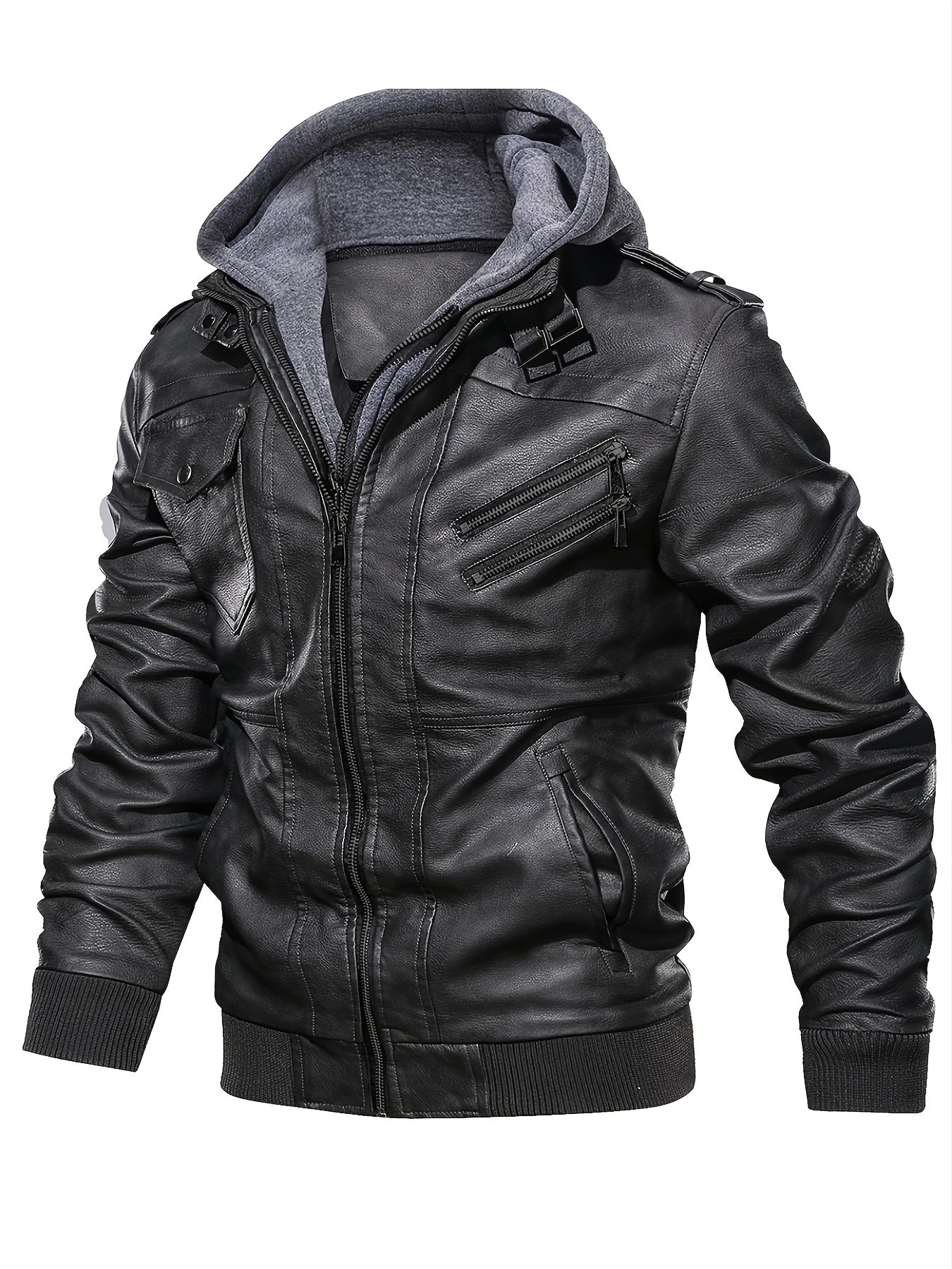 Men's PU Leather Hooded Jacket – Casual Zippered Long Sleeve with Pockets, Solid Color, Regular Fit - Premium jacket from Lizard Vigilante - Just $69.88! Shop now at Lizard Vigilante