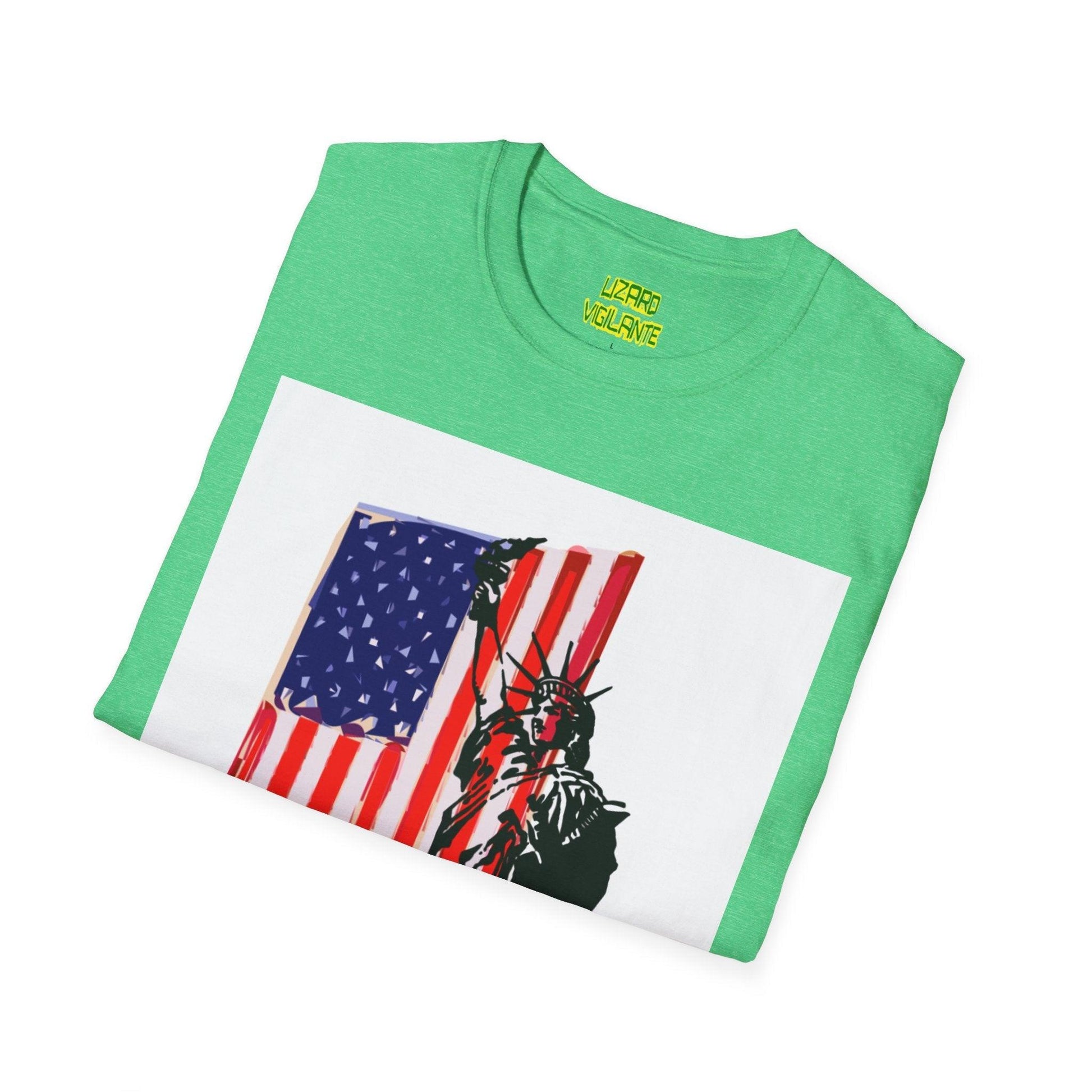 American Flag With Statue of Liberty Graphic Unisex Softstyle T-Shirt - Lizard Vigilante