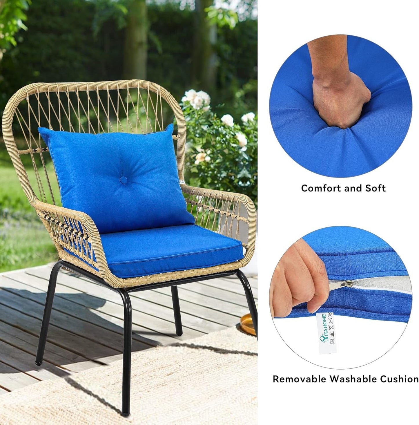 3-Piece Outdoor Patio Furniture Wicker Bistro Set, All-Weather Rattan Conversation Chairs for Backyard, Balcony and Deck with Soft Cushions, Glass Side Table (Light Brown+Navy Blue)