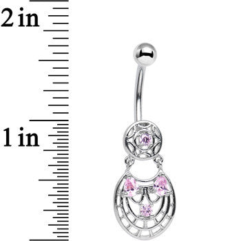 Pink CZ Gem Circular Woven Pattern Dangle Belly Ring