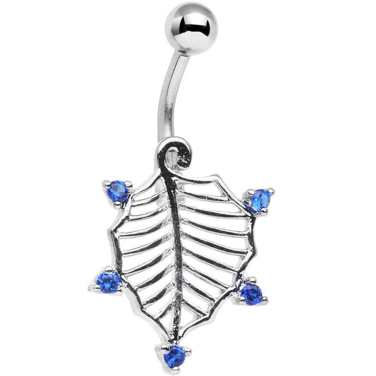 Blue CZ Gem Lattice Style Hawthorne Leaf Dangle Belly Ring