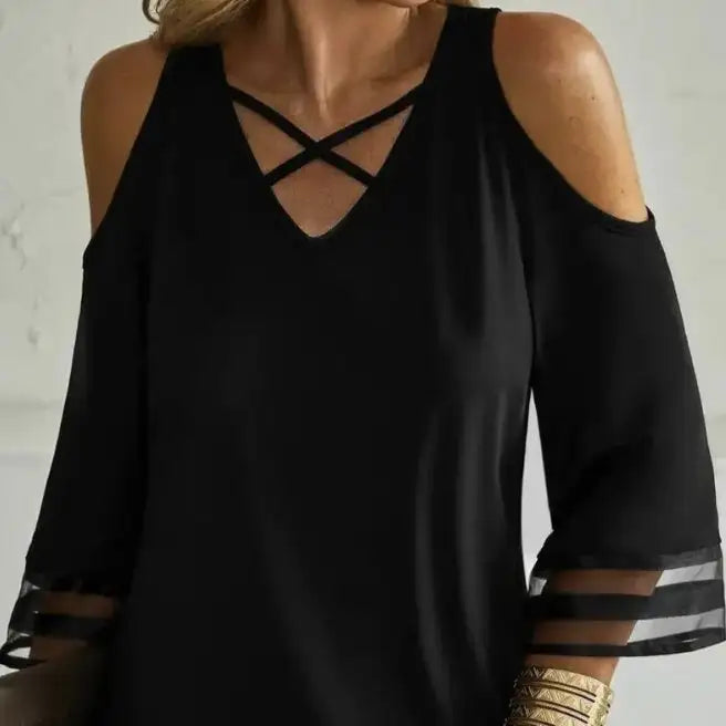 Ladies' Solid Color Collar Cross Design Off Shoulder Fashionable Casual Mid Long Sleeved T-shirt Top