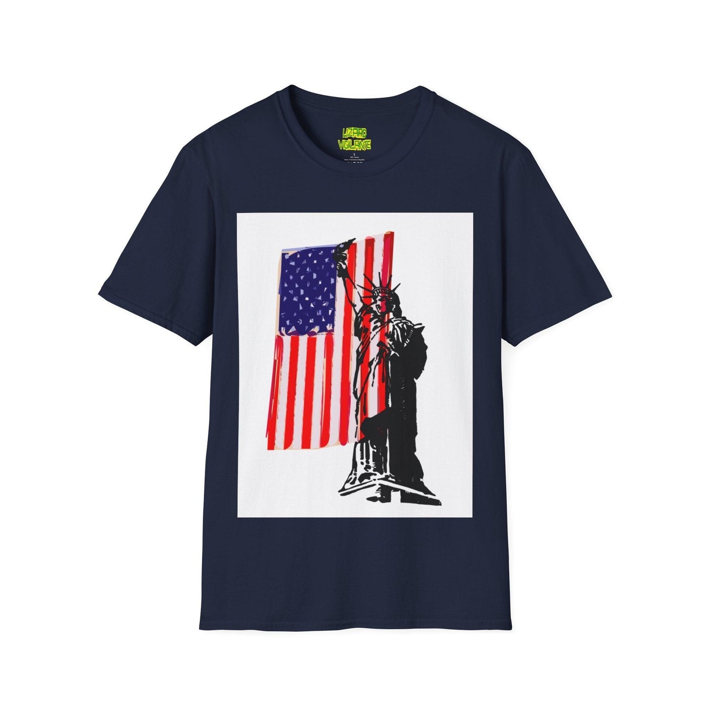 American Flag With Statue of Liberty Graphic Unisex Softstyle T-Shirt - Lizard Vigilante