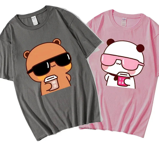 Couple T-Shirts | Bubu Is Watching Movie with Dudu Cute Cartoon Graphic Tees | 100% Cotton Kawaii Y2K Tops for Men & Women - Premium T-shirt from Lizard Vigilante - Just $23.88! Shop now at Lizard Vigilante