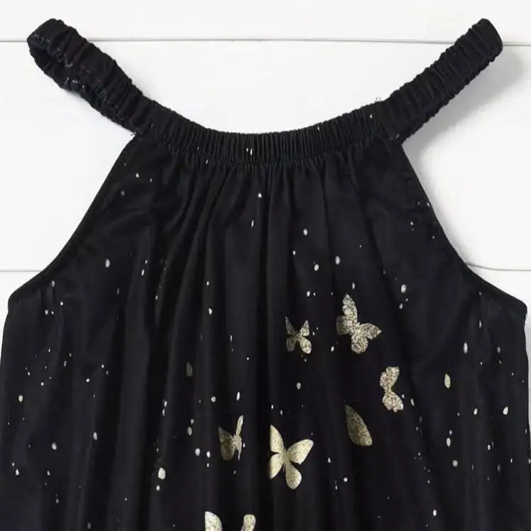 Ladies' Black Butterfly Ruffle Loop Mini Dress With Loop