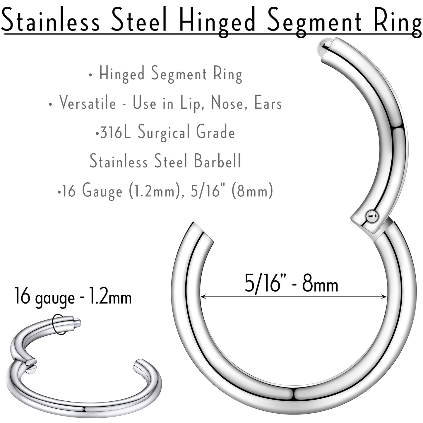 16G 5/16 Stainless Steel Hinged Segment Ring
