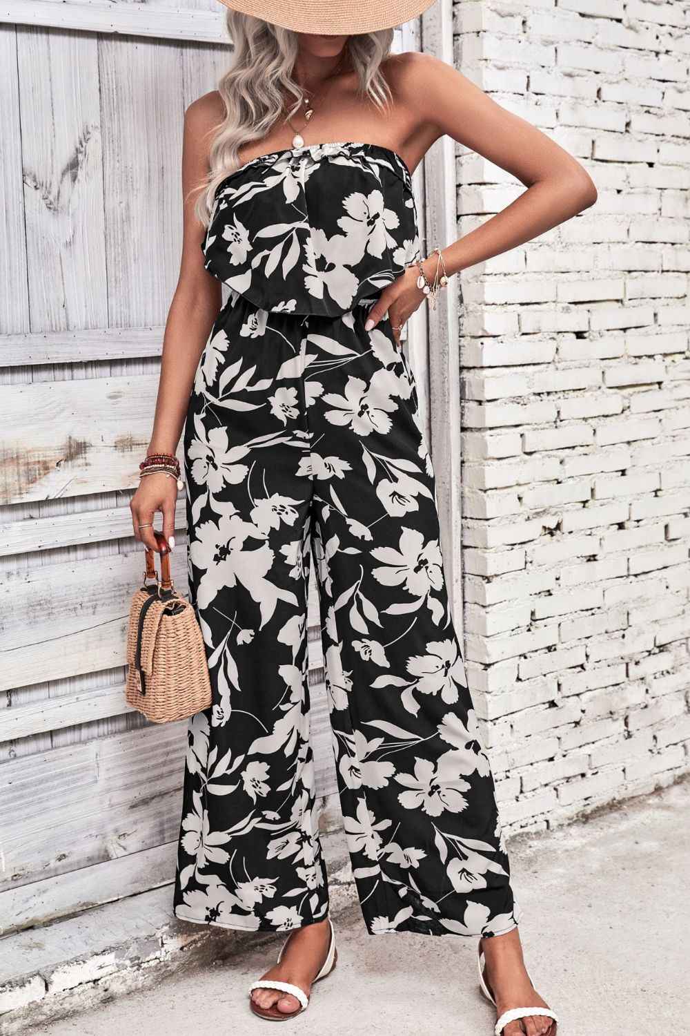Perfee Floral Strapless : Wide Leg Jumpsuit