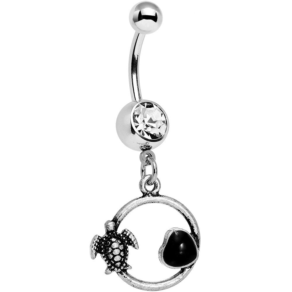 Clear Black Gem Love My Tortoise Heart Dangle Belly Ring