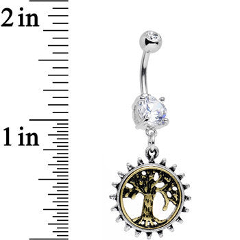 Clear Gem Steampunk Mechanical Tree of Life Dangle Belly Ring