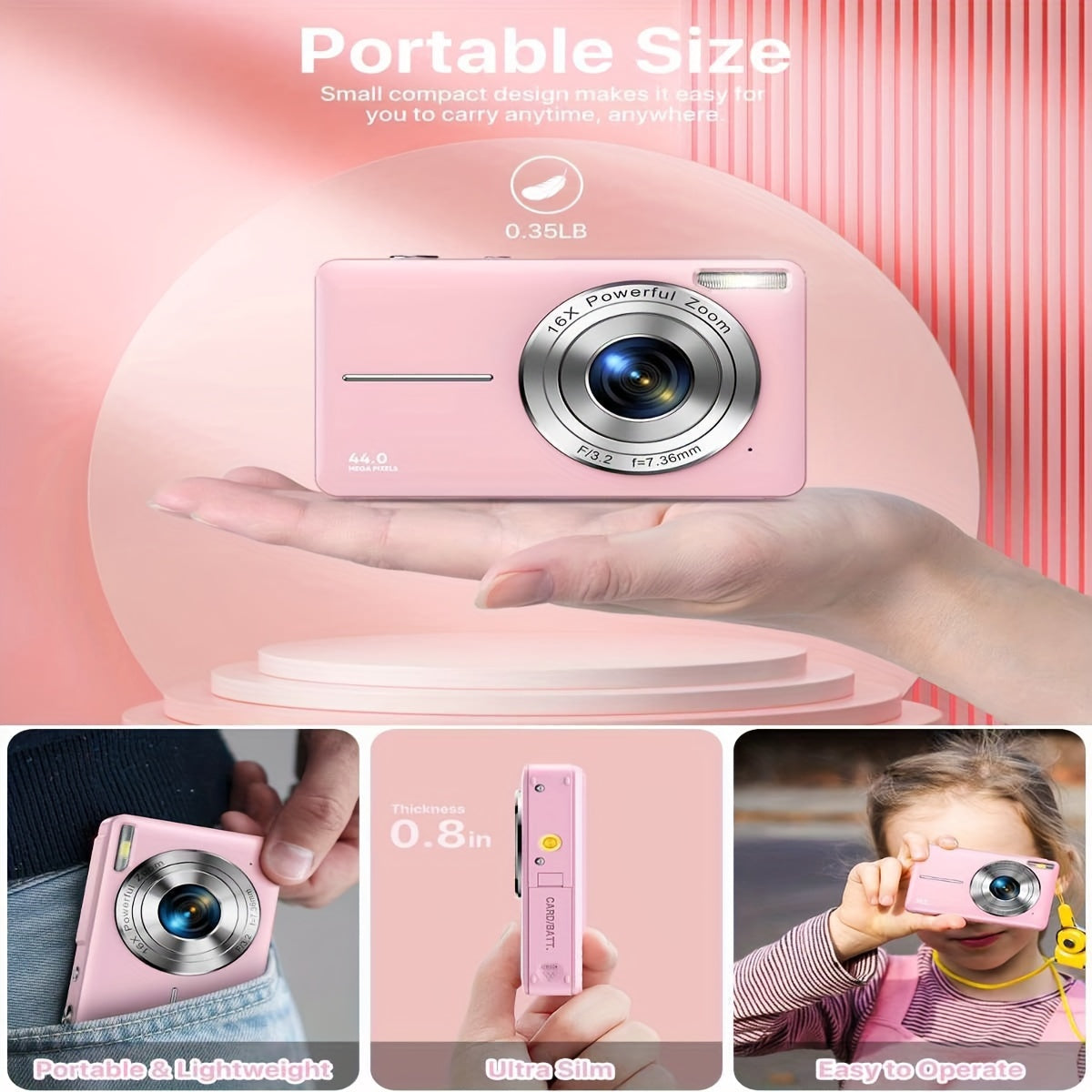 Digital Camera, 1080P FHD Camera 44MP Point And Shoot Digital Camera, 16X Zoom Compact Portable Point Shoot Camera Suitable For Thanksgiving Christmas And New Year Gifts