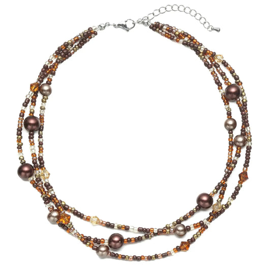 S.J JEWELRY Multi Strand Beaded Necklaces for Women Colorful Beaded Necklace Boho Necklaces for Women Summer Beach Necklace Pearl Choker Layered Necklace 3CK-Pearl-Brown