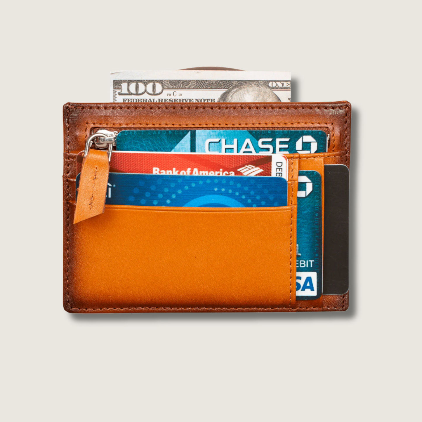 Vibrant Leather Card Holder with Zipper Pocket - Caramel Brown - Concord