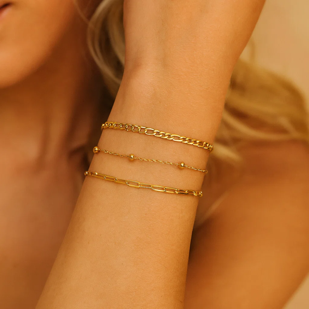 Adriana 3-Piece Stackable Bracelet Trio Set, Beaded, Figaro, Paperclip Link