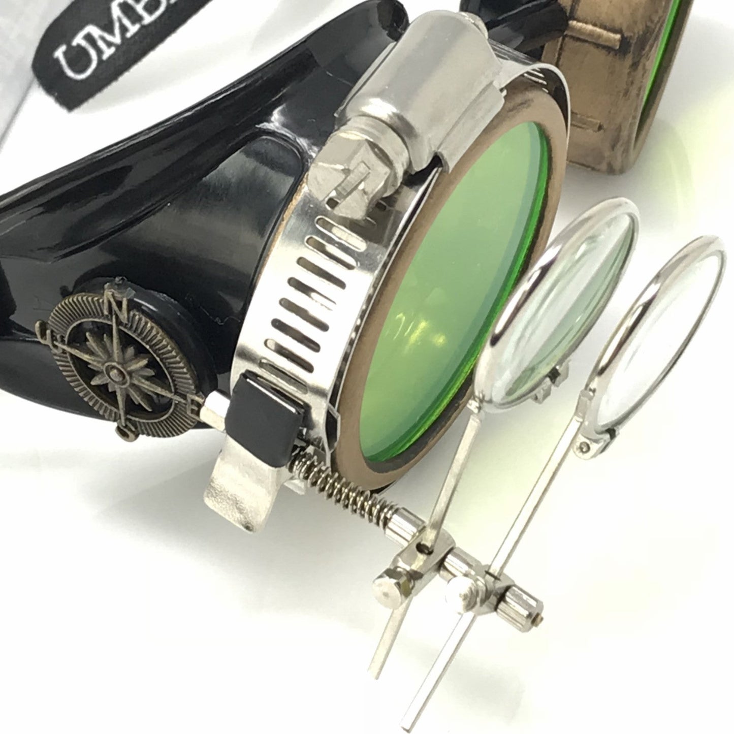 Steampunk Goggles with magnifying loupes UV glow neon green lenses