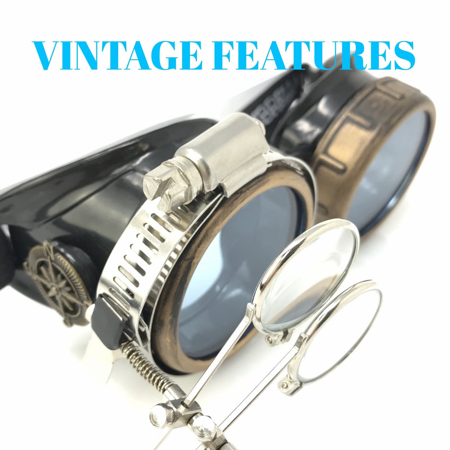 Steampunk Goggles with magnifying loupes UV glow neon blue lenses