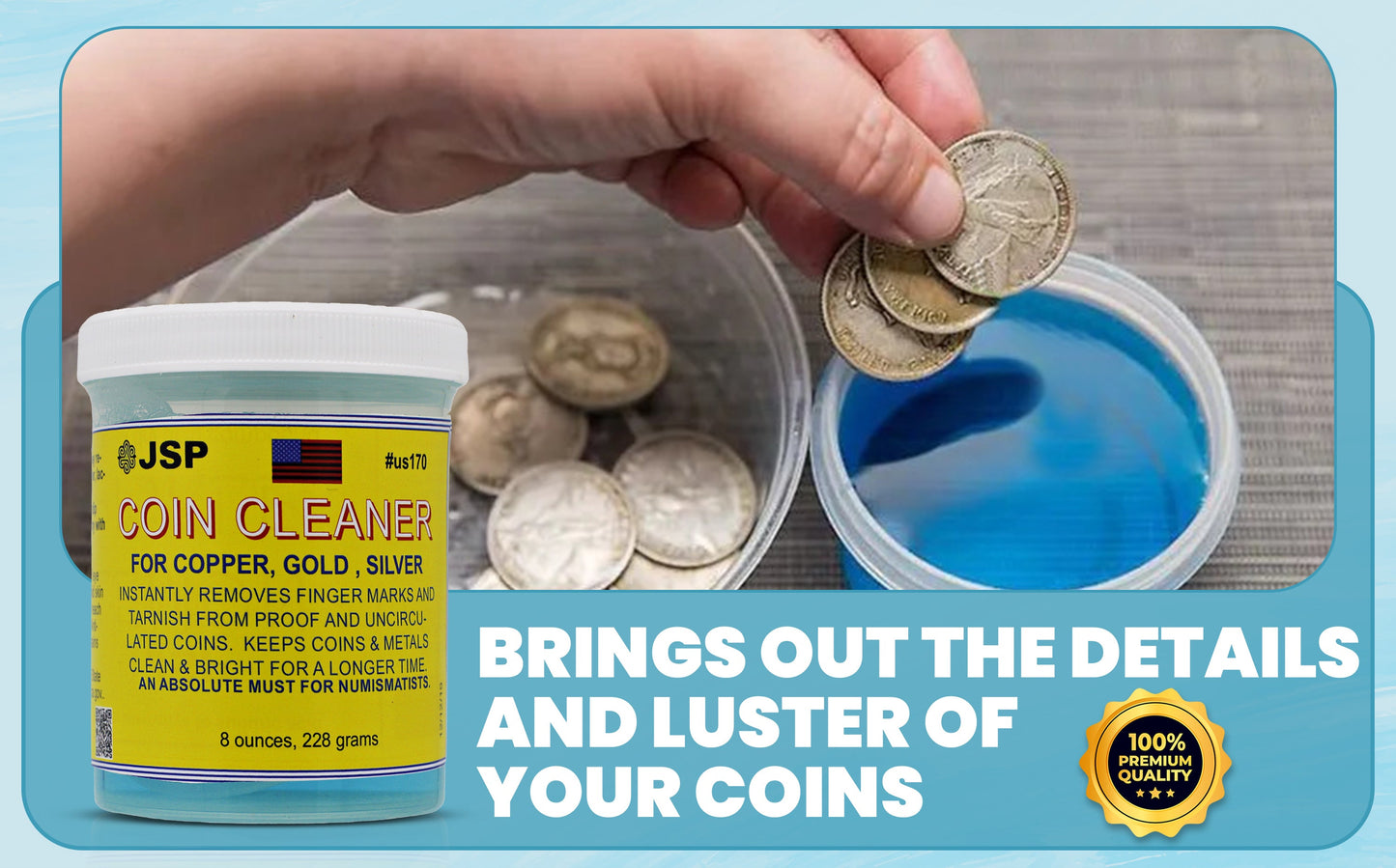 JSP Super Coin Cleaner 16 oz for Copper, Gold, Silver, & Platinum Precious Metals Jewelry Coins Bars