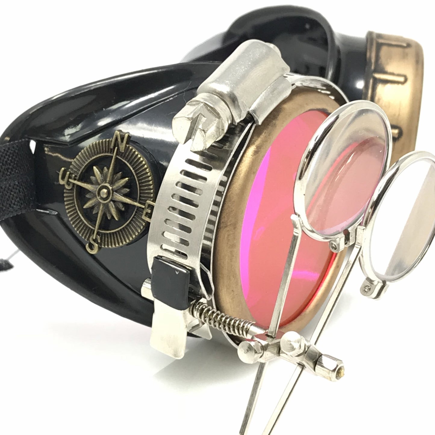 Steampunk Goggles with magnifying loupes UV glow neon pink spiral diffraction lenses