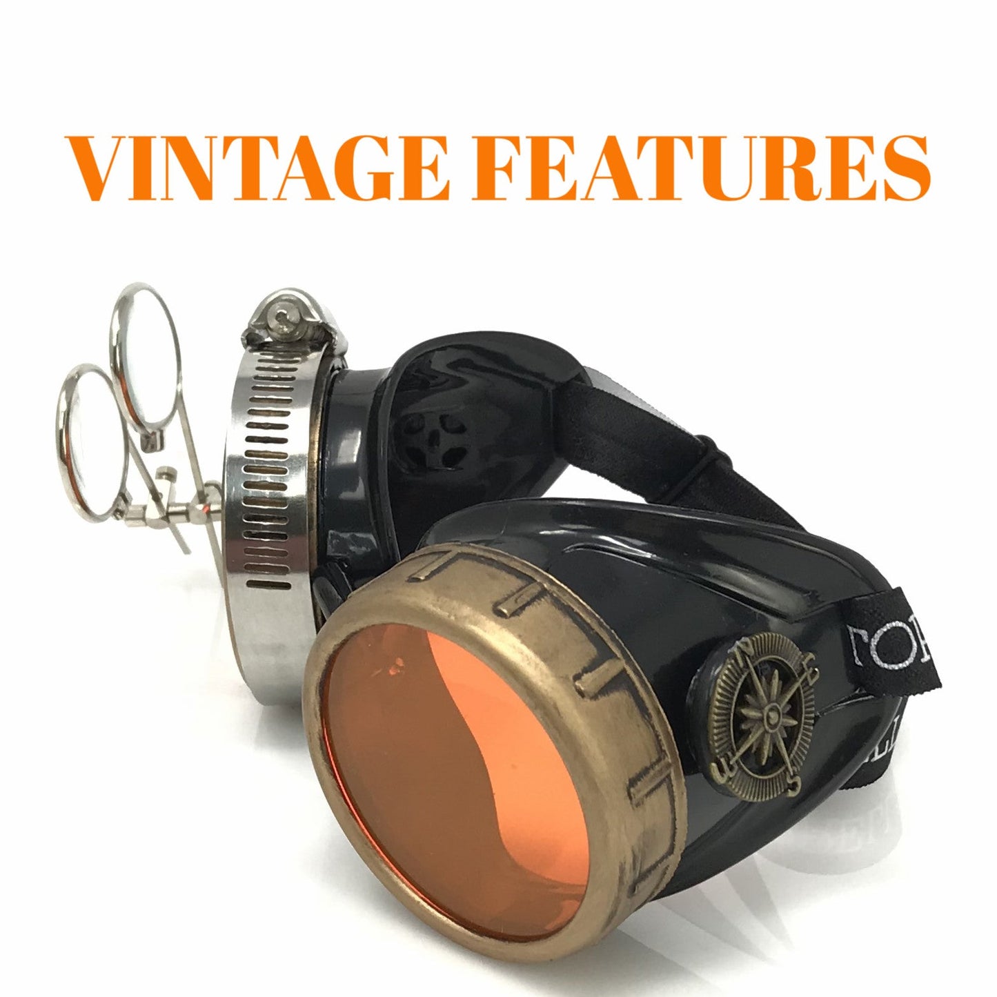 Steampunk Goggles with magnifying loupes UV glow neon orange lenses