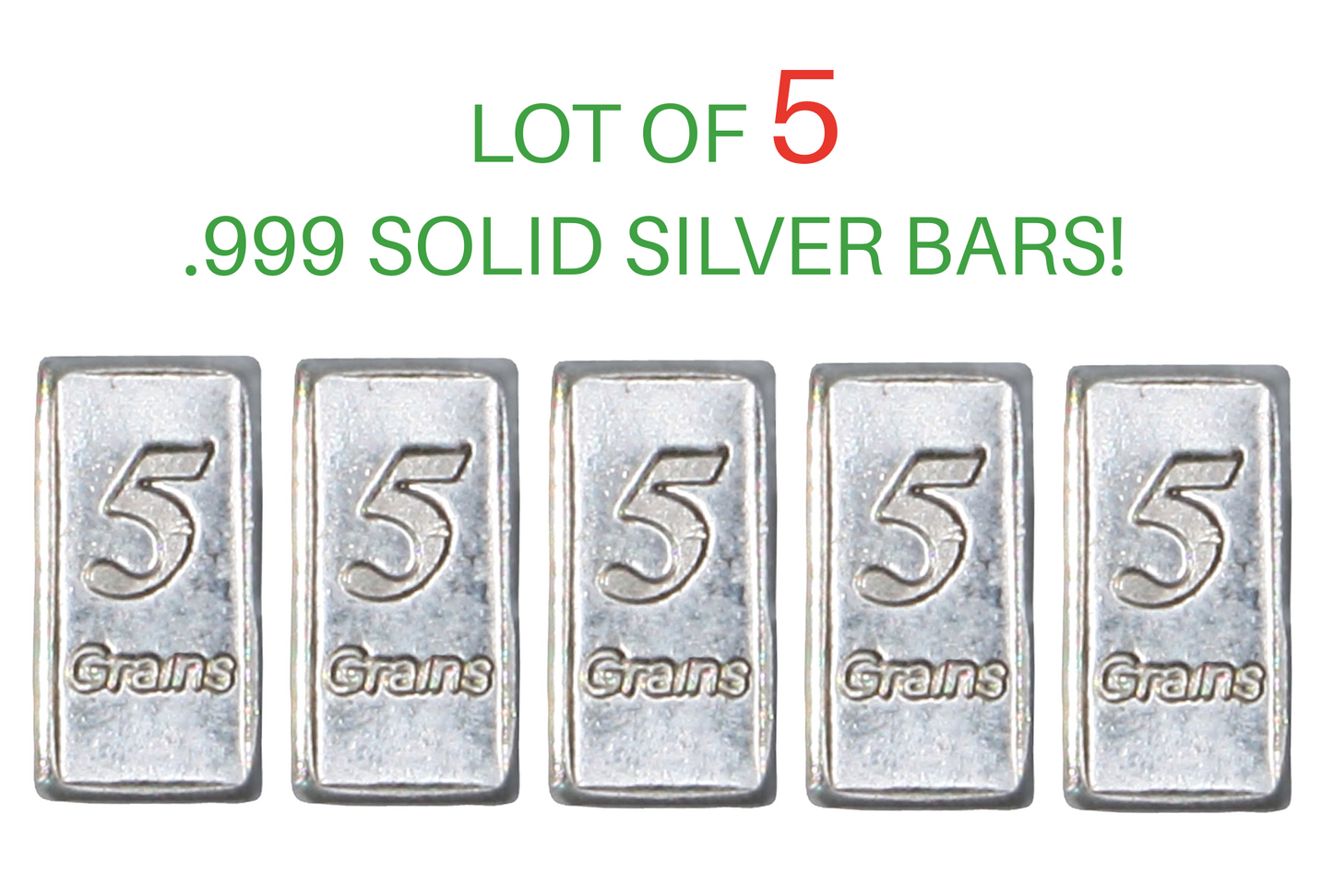 Set of 5 Pure Solid Silver Bars – .999 Fine, 5 Grain Each, Over 1 Gram Total