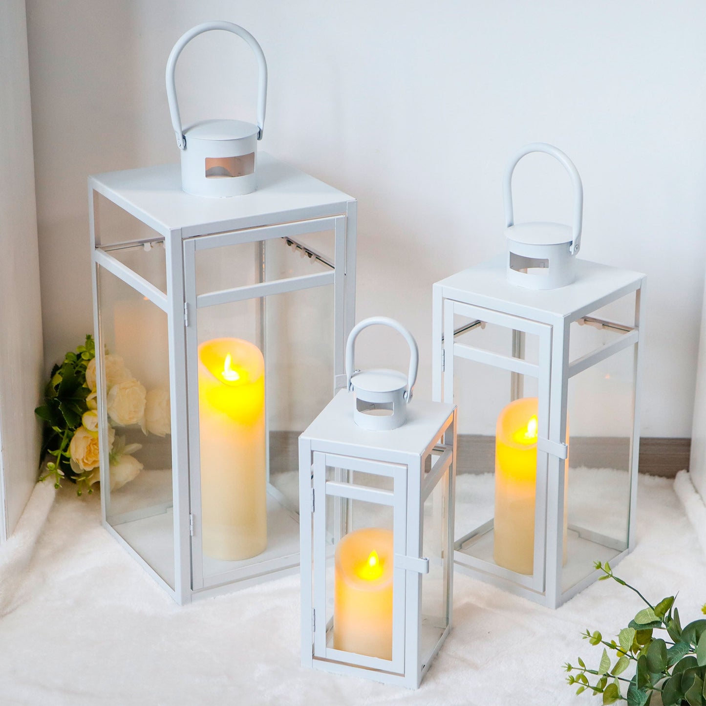 Metal Candle Lantern Set (3pcs, 12/15/19"): Tall Hanging, Tempered Panels, White (Indoor/Outdoor)