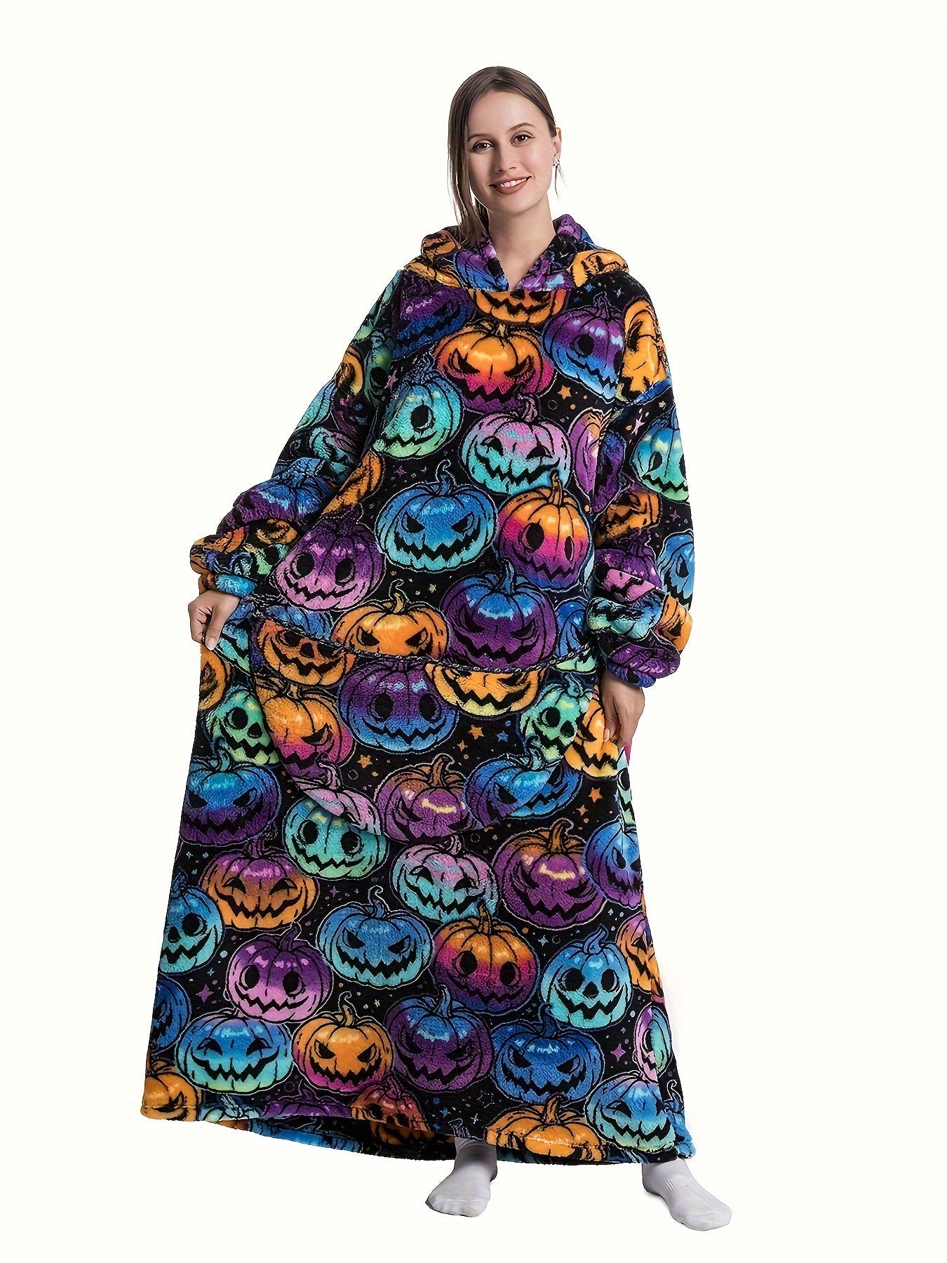 Plus Size Pumpkin Print Flannel Blanket Hoodie - Soft, Cozy, Plush, Hooded, Winter Outwear for Women with Halloween Theme
