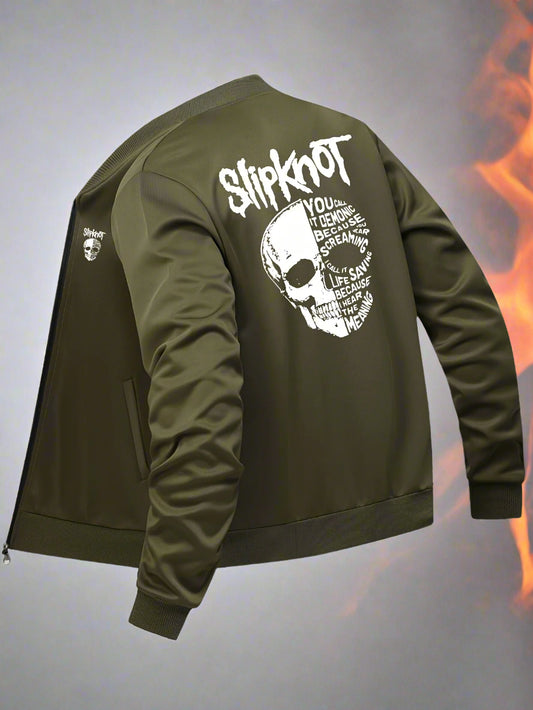 Slipknot Graphic Print Casual Jacket – Men's Polyester Knit Baseball Collar Jacket with Zipper Closure and Pockets, All-Season Athletic Outerwear - Premium jacket from Lizard Vigilante - Just $46.88! Shop now at Lizard Vigilante