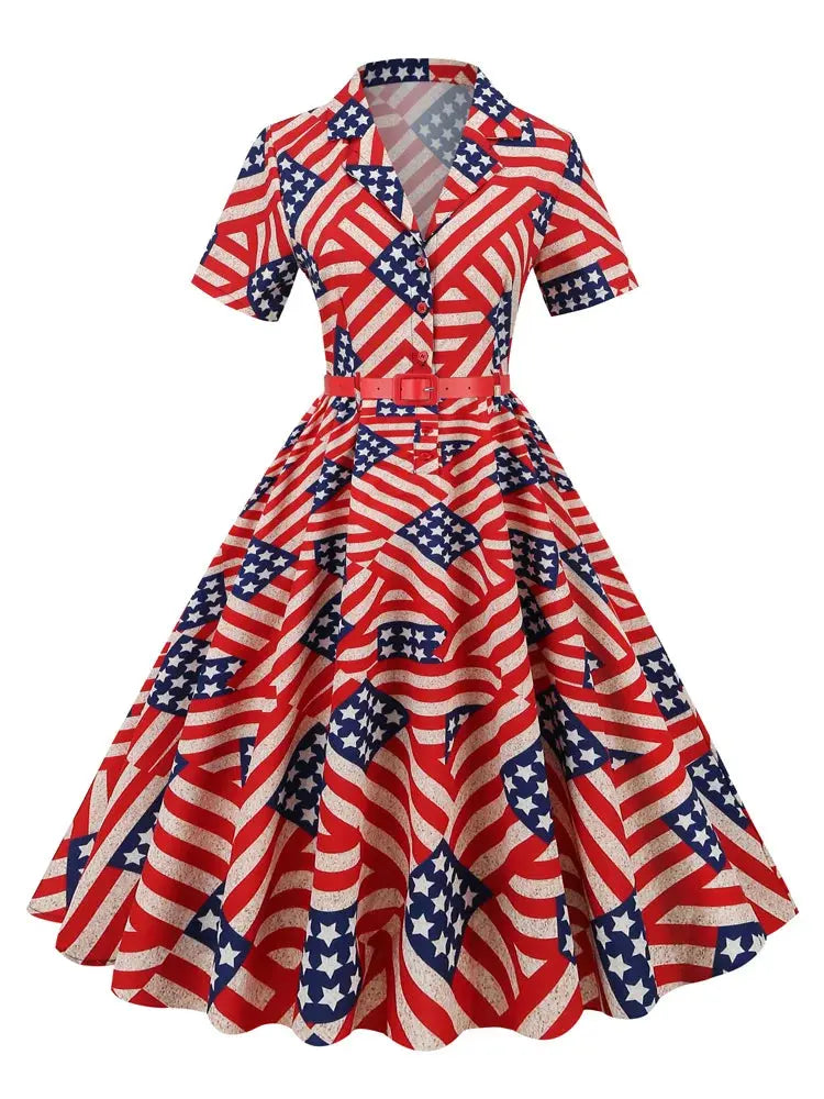 2024 Election American Flag Collar Button Up Star Print Women Short Sleeve Belted 50s 60s Pinup A-Line Vintage Dresses - Premium dresses from Lizard Vigilante - Just $31.99! Shop now at Lizard Vigilante