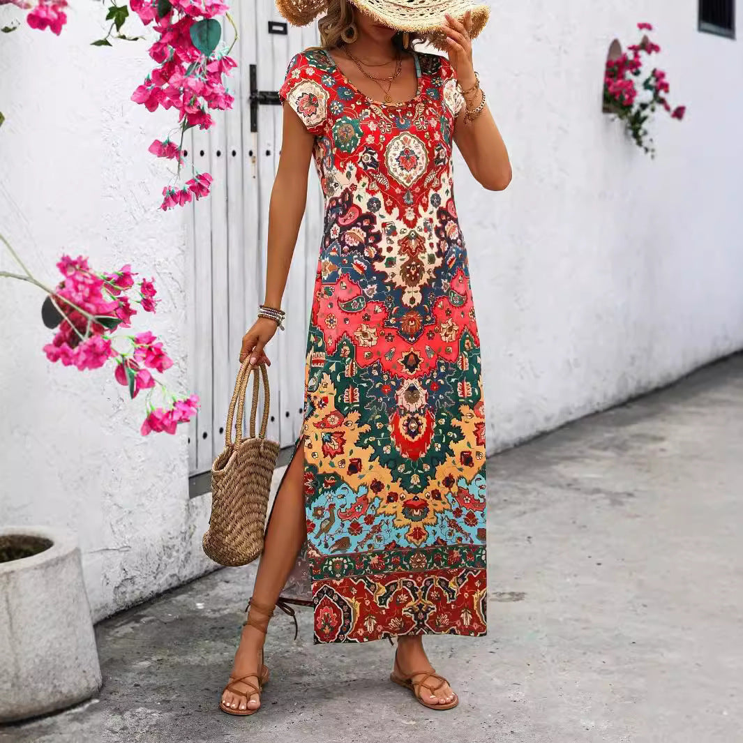 Women's Long 3D Printed U-neck Casual Dress