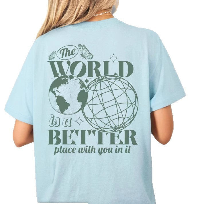 Letter 2D Printed Starry Sky Earth Cotton T-Shirt