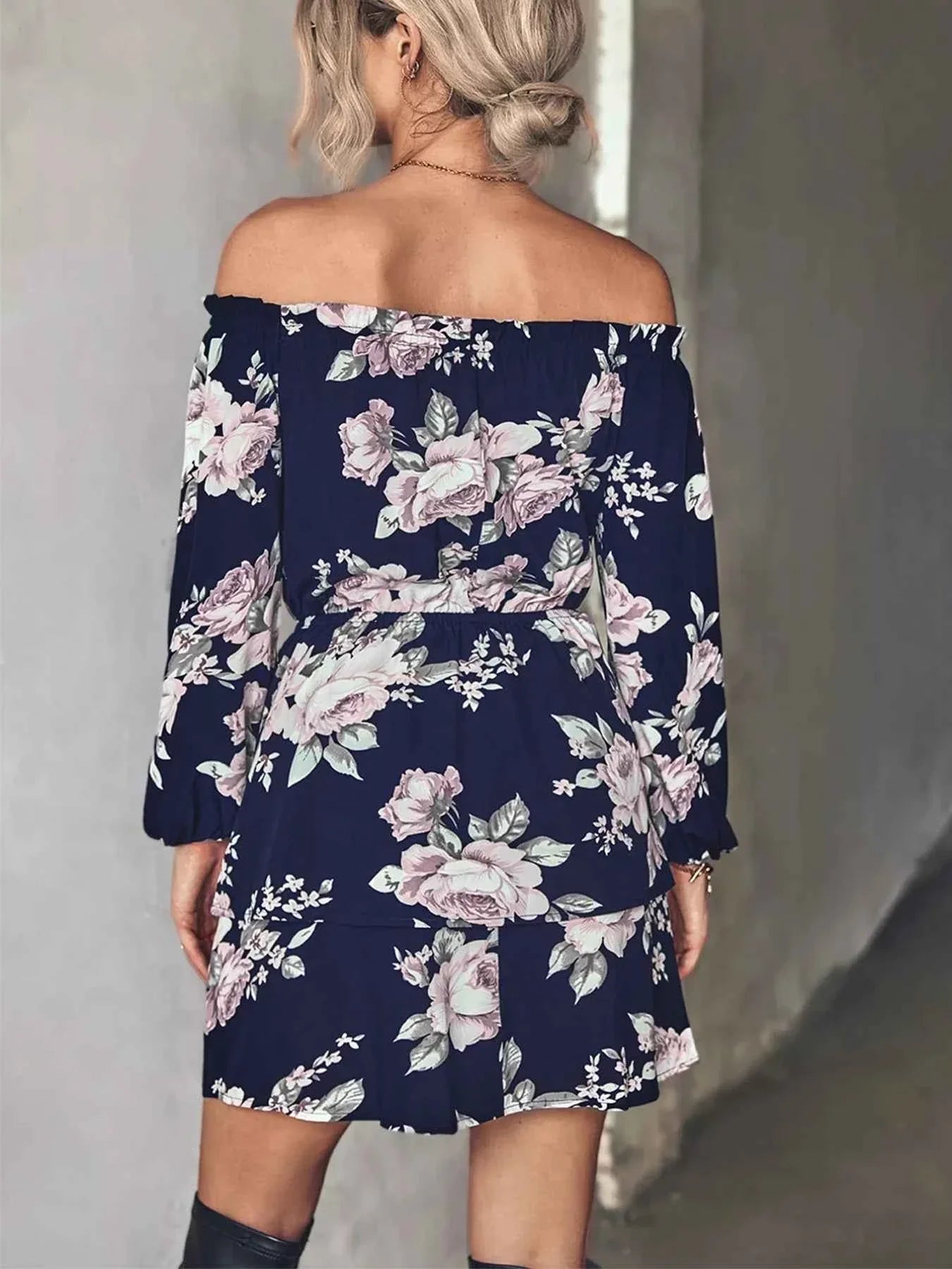 Off-Shoulder Floral Print : Long Sleeve Mini Dress