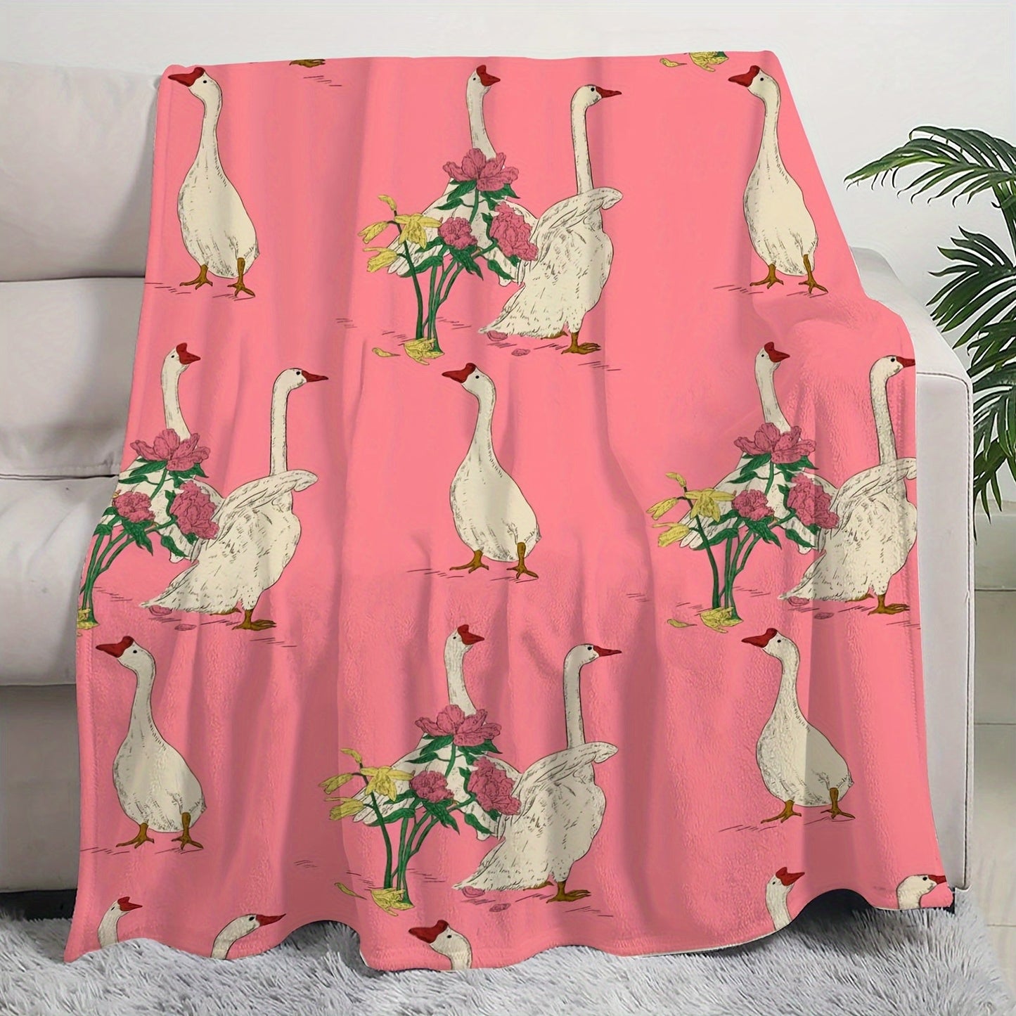 1pc Cartoon Garden Swan Print Blanket, Soft Warm Throw Blanket Nap Blanket For Couch Sofa Office Bed Camping Travel, Multi-purpose Gift Blanket For All Season