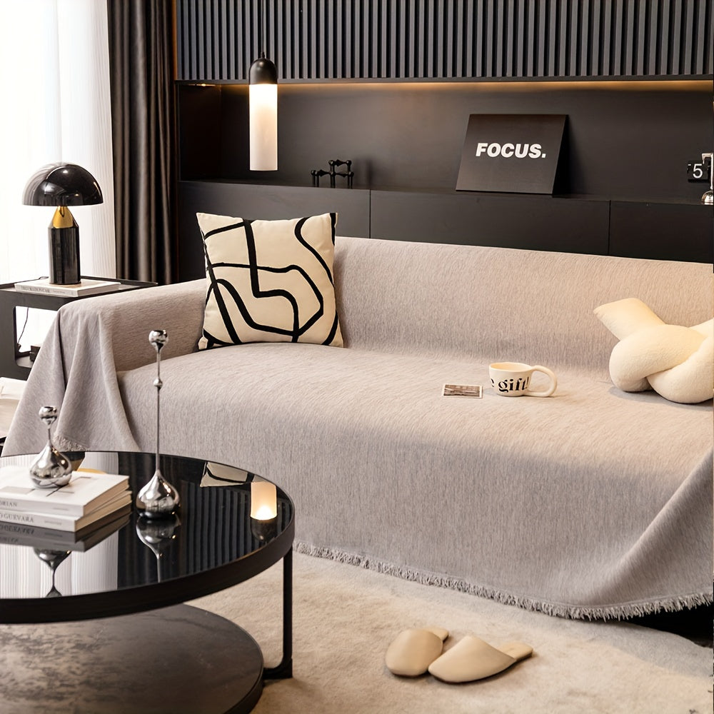 1pc Luxurious Waterproof Sofa Cover with Tassels - Durable, Washable, and Universal Furniture Protector for Living Room Home Decor - Stylish Couch Slipcover and Throw Blanket Alternative