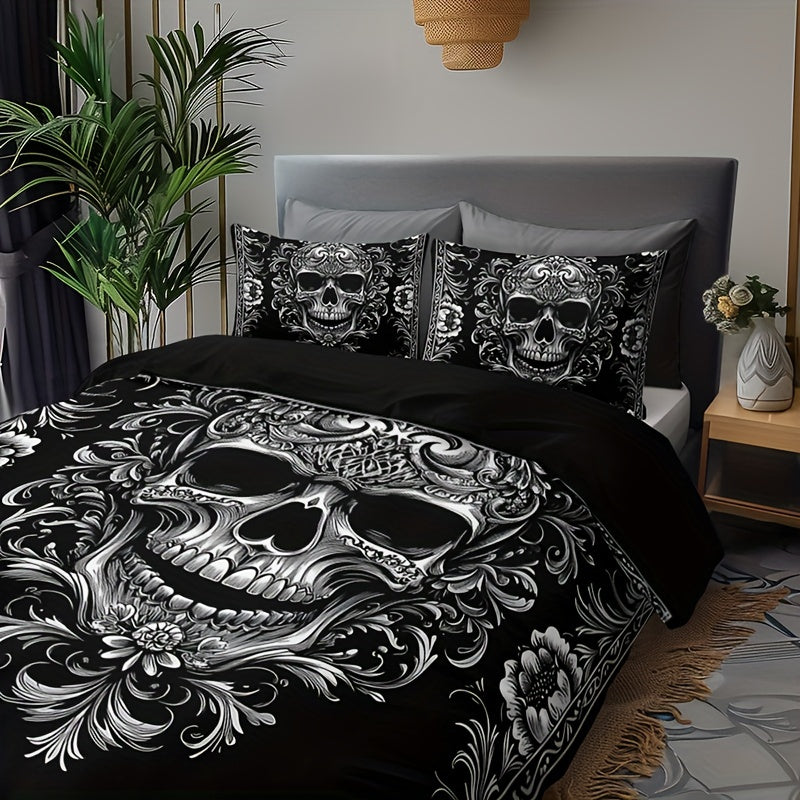 Gothic Nocturne Skull Duvet Cover Set: 3pcs All-Season Breathable Masterpiece for Dark Decor Enthusiasts - Premium duvet from Lizard Vigilante - Just $42.99! Shop now at Lizard Vigilante