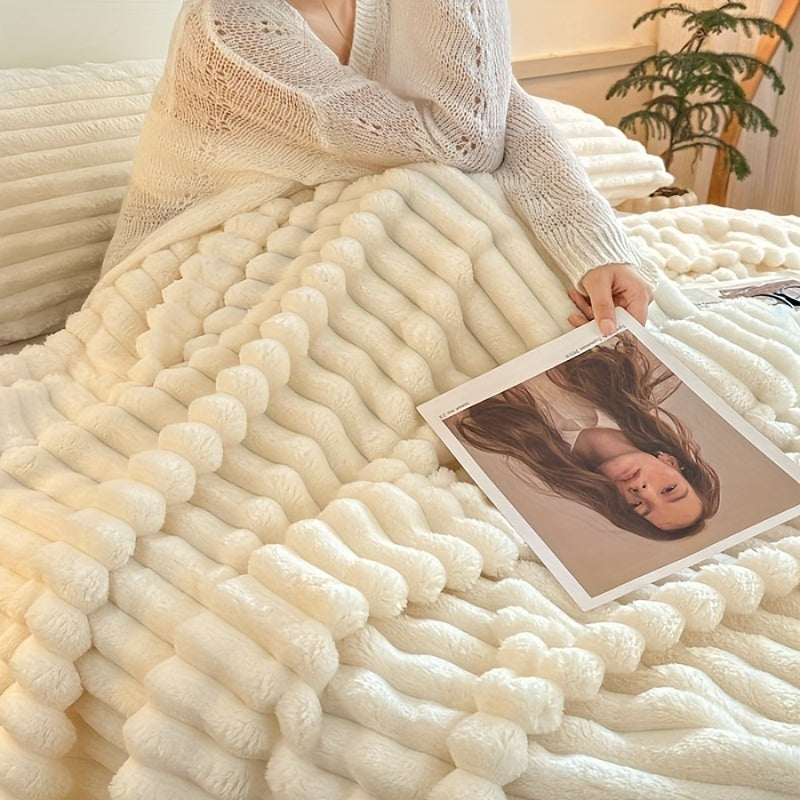 1pc Cozy Double-Sided 3D Rabbit Hair Blanket - Soft, Warm, and Fuzzy for Snuggling Up - Perfect for Office, Outdoor Camping, Sofa, and Gift Giving