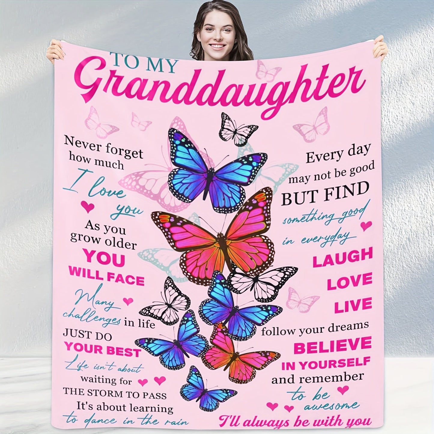 1pc Soft Flannel Butterfly Print Blanket, Warm Cozy Throw for Couch Bed Sofa, To My Granddaughter