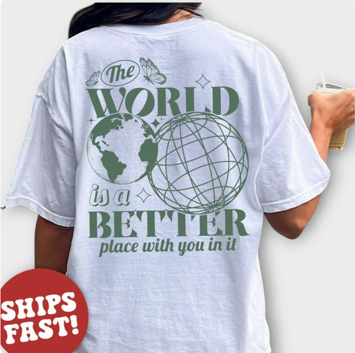 Letter 2D Printed Starry Sky Earth Cotton T-Shirt