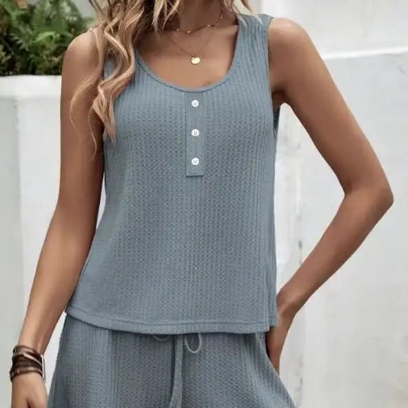 Women's Solid Color Set Knitted With Two-piece Vest Top And Drawstring Shorts Set