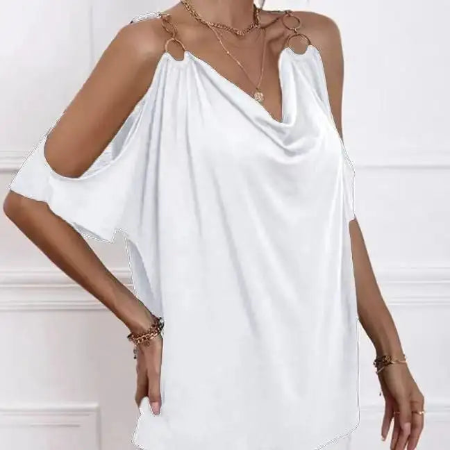 Ladies' Solid Color Cold Shoulder Hanging Neck O-ring Detail T-shirt