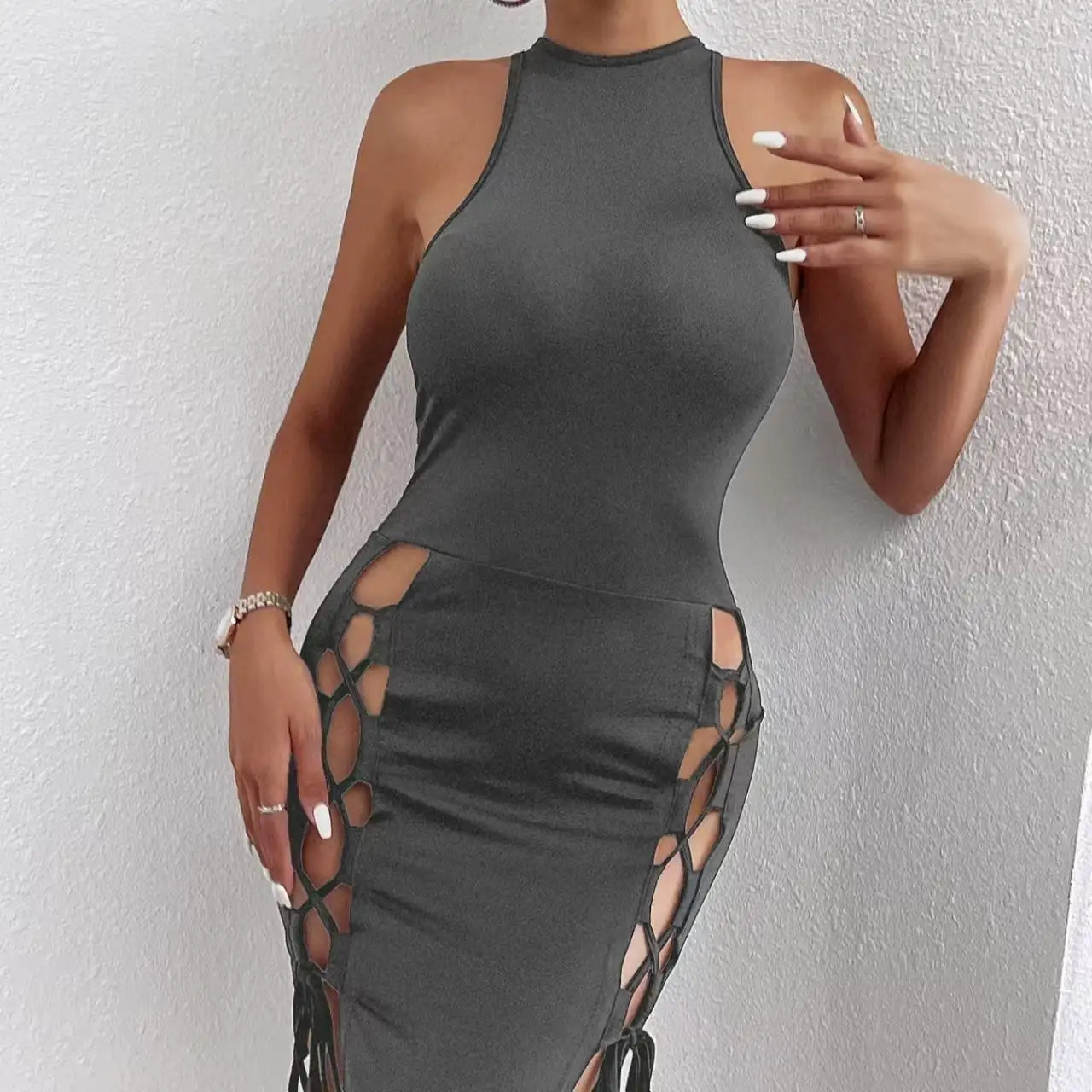 Women's Solid Color Sleeveless Skirt With Slit And Cross Tie, Sexy Tight Fitting Hip Hugging Dress, Short Skirt