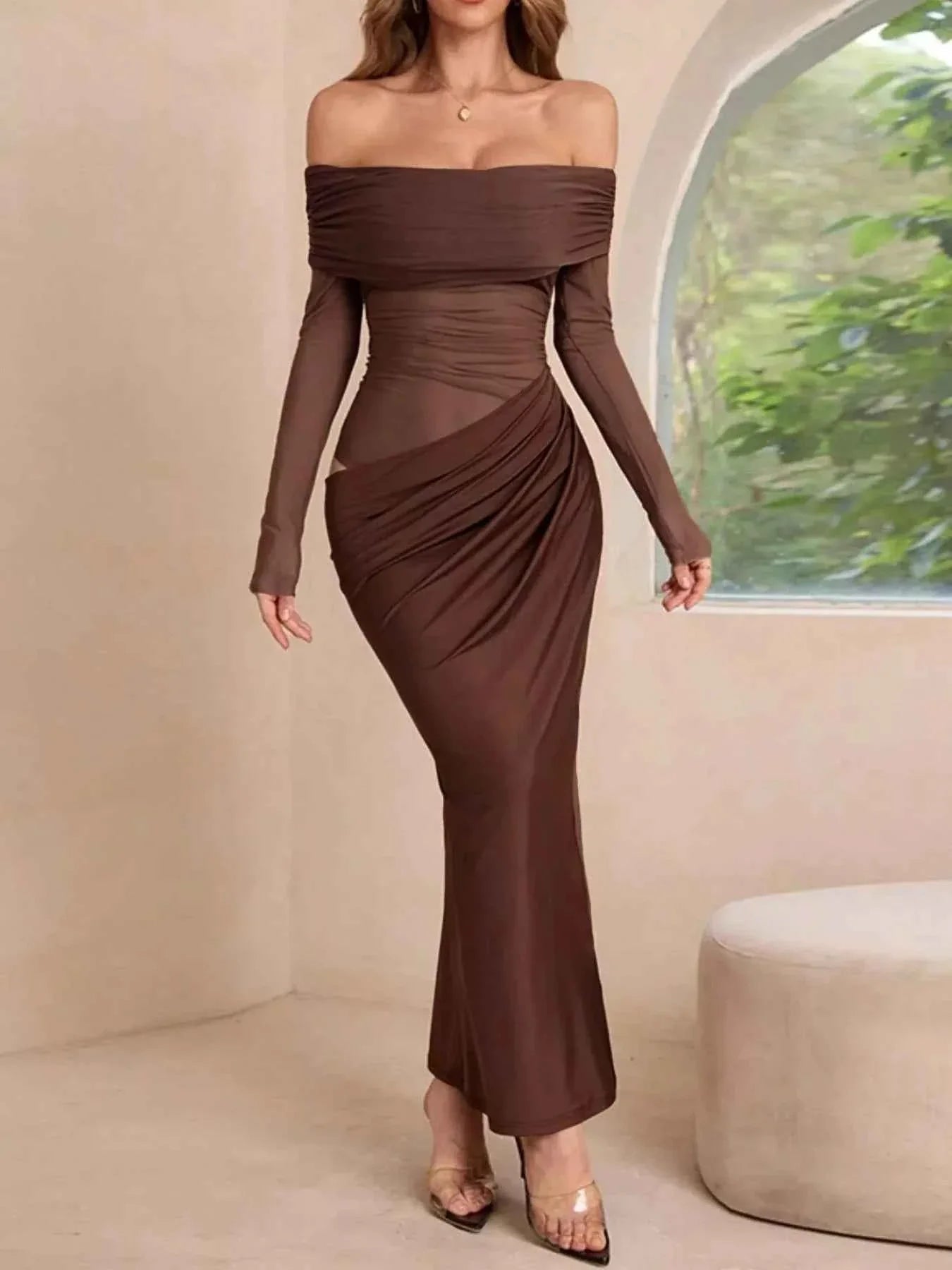 Off-Shoulder Long Sleeve Ruched : Bodycon Maxi Dress