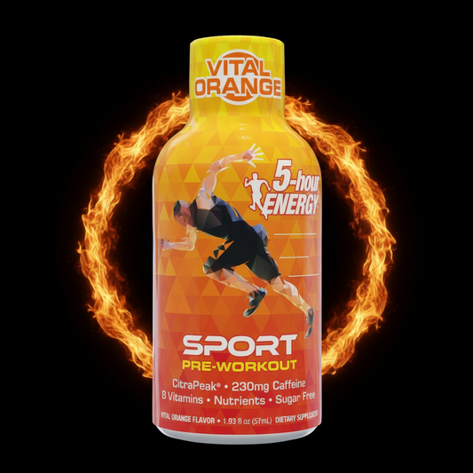 Vital Orange 5-hour Energy Sport pre-workout bottle on a white background